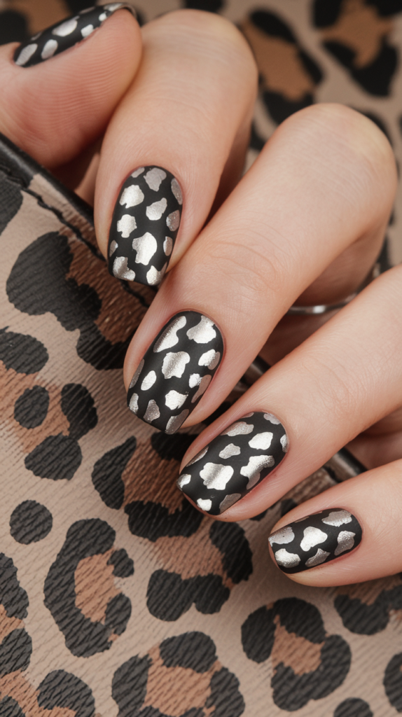 Black nails featuring metallic silver leopard and zebra print patterns.