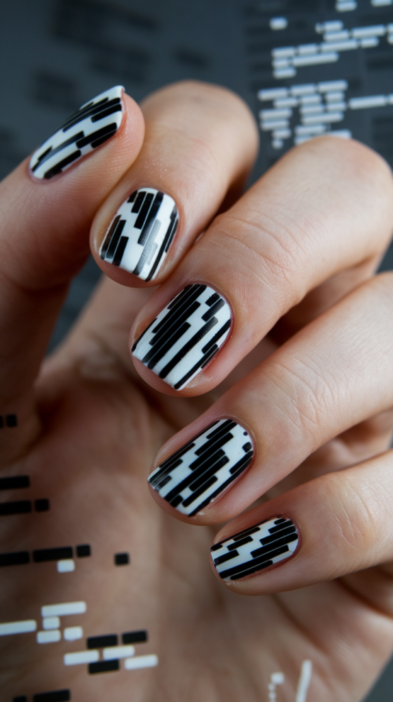 Black-and-white static effect nails with intricate dot patterns mimicking vintage TV screens.

