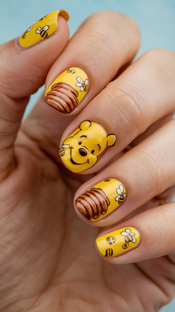 Bright yellow nails with Pooh’s smiling face, honey pots dripping with golden nectar, and tiny buzzing bees with cartoon-like details.