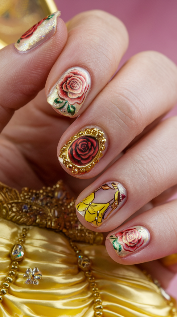 Nails featuring the enchanted rose in rich red, Belle’s yellow gown-inspired designs, and glitter accents with a regal touch.