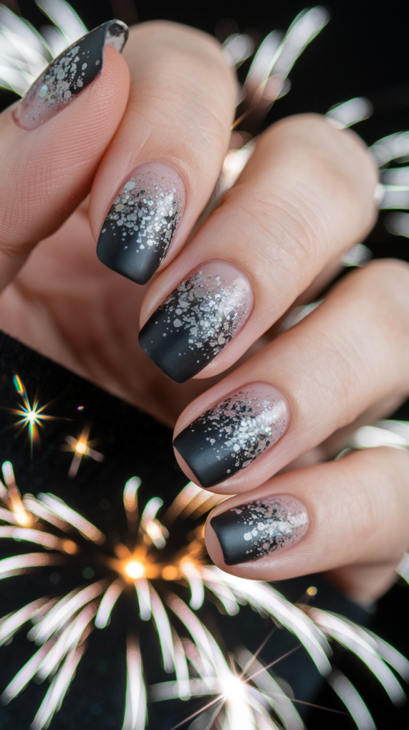 Dark-to-light ombre nails transitioning from black to silver, topped with fine glitter to mimic fireworks lighting up the night sky for New Year’s