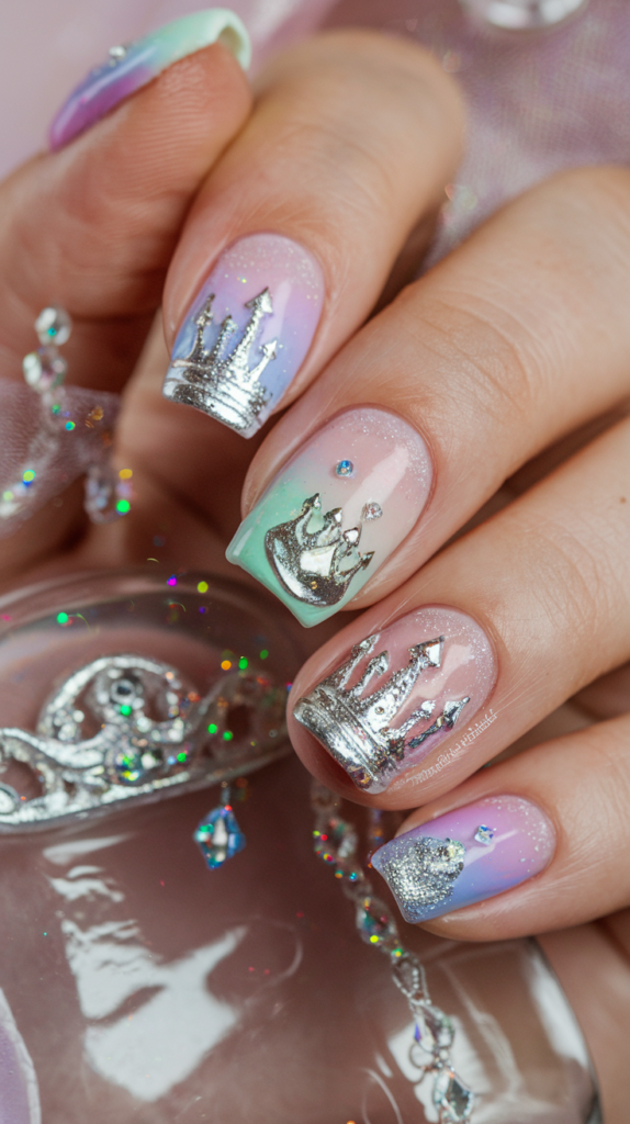 Nails painted with pastel gradients featuring silver crowns, a glittery castle, and magical sparkles, highlighted with rhinestones for an enchanted look.