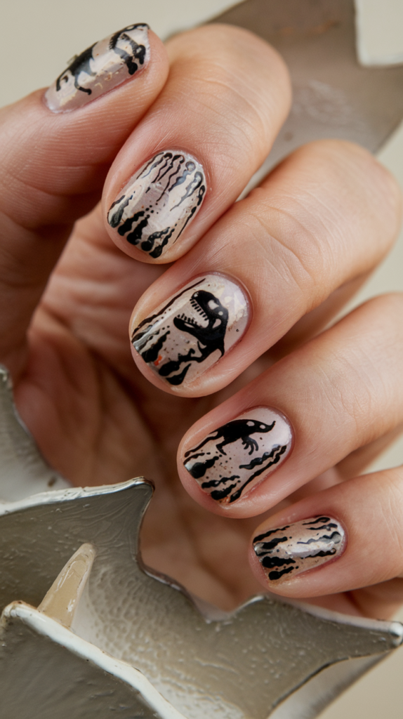 Nails with earthy green and brown tones, featuring dinosaur footprints, fossil details, and the iconic Jurassic Park logo on an accent nail.