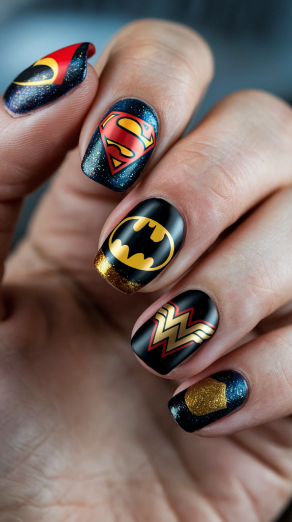 Nails adorned with iconic superhero logos like Superman’s 'S', Batman’s bat emblem, and Wonder Woman’s 'W', painted with vivid colors and sharp lines