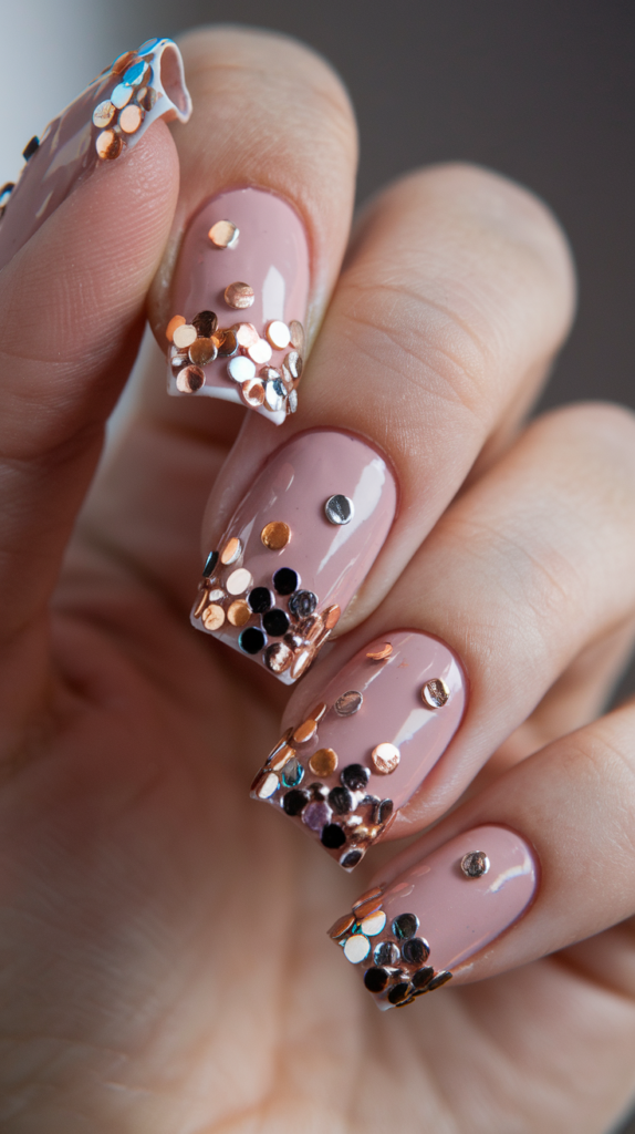 Classic French manicure with nude nails and colorful confetti pieces at the tips in metallic shades, offering a festive twist on a traditional look for New Year’s