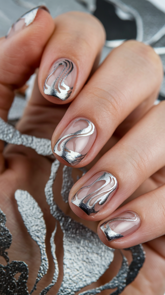 Neutral nails decorated with flowing, abstract silver swirl patterns for an artistic vibe.
