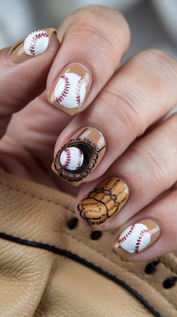 Tan nails textured like leather gloves, with painted baseballs for a creative sports-inspired manicure