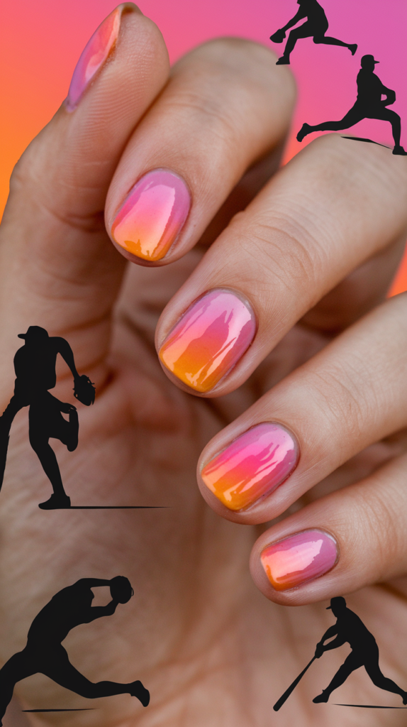 Nails featuring colorful backgrounds with dynamic black silhouettes of baseball players in action