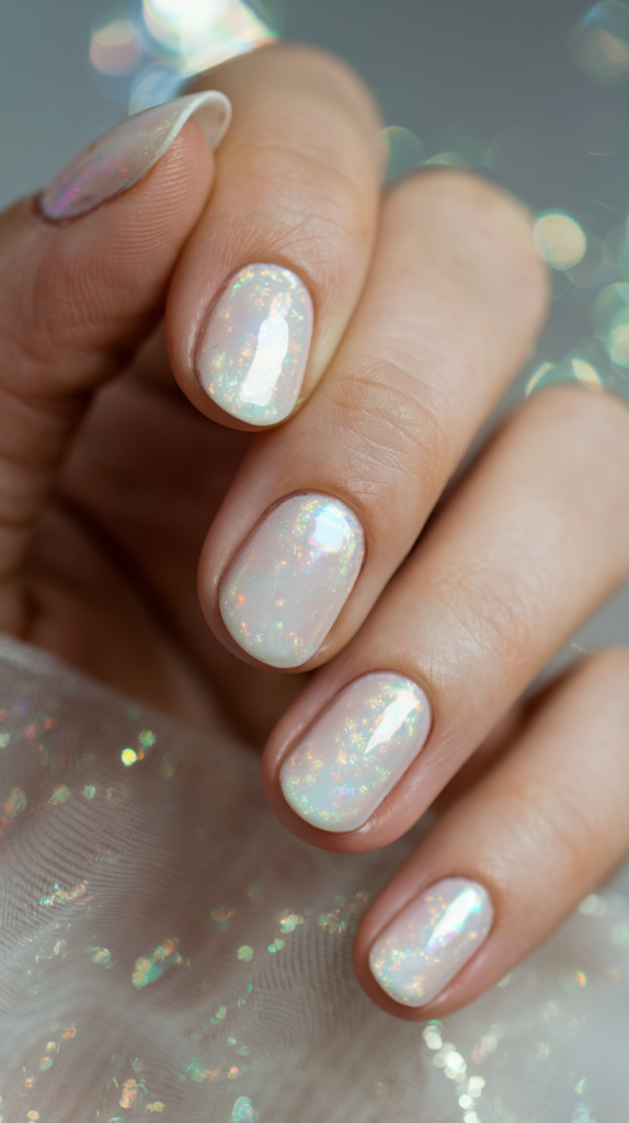 White nails with an opal shimmer effect and delicate gold accents, creating an ethereal and royal-inspired look.

