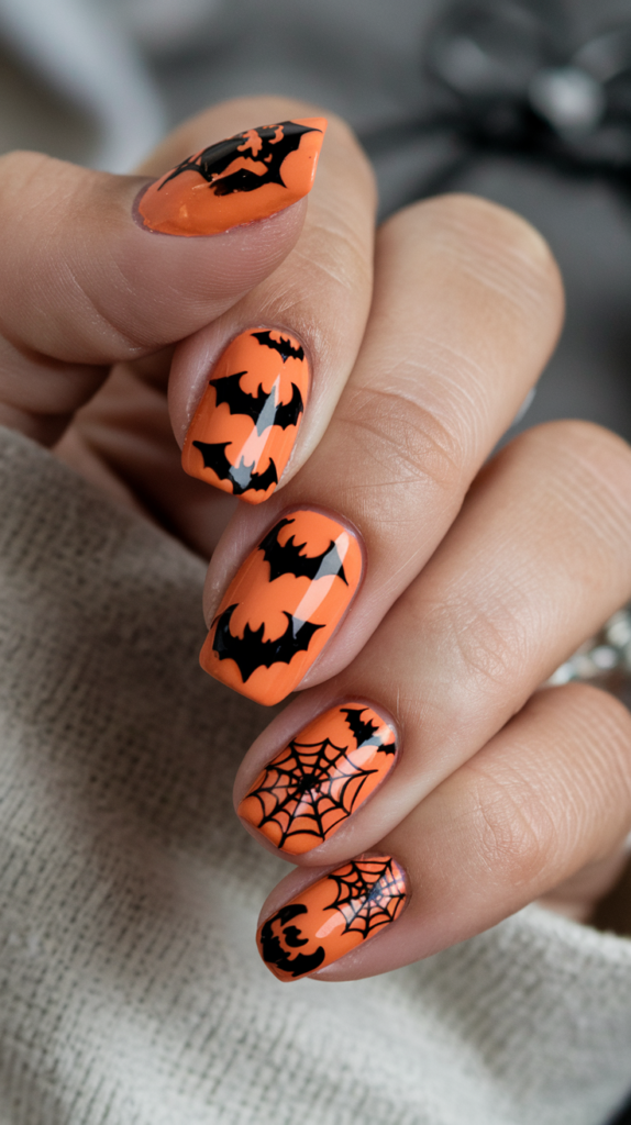 Orange nails with wild leopard print accents for a stylish, bold look.
