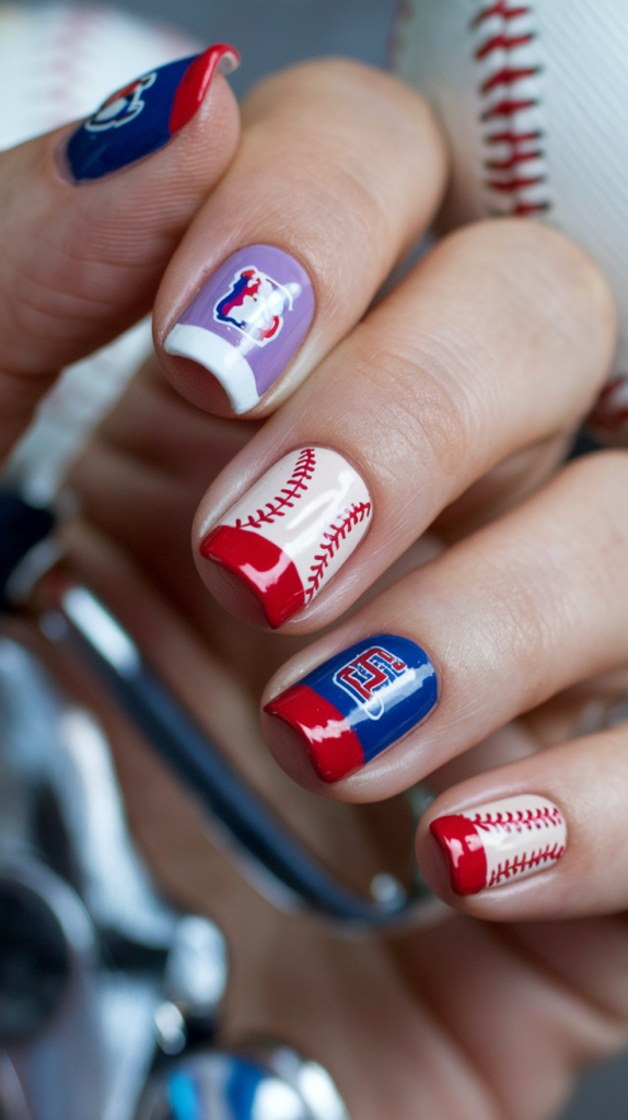 Patriotic nails combining red and white stripes with blue and white stars in a baseball-inspired theme