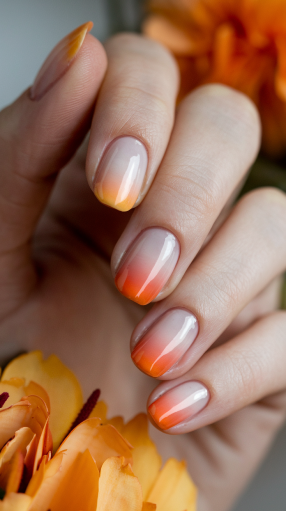 A subtle gradient French manicure transitioning from light to deep orange.