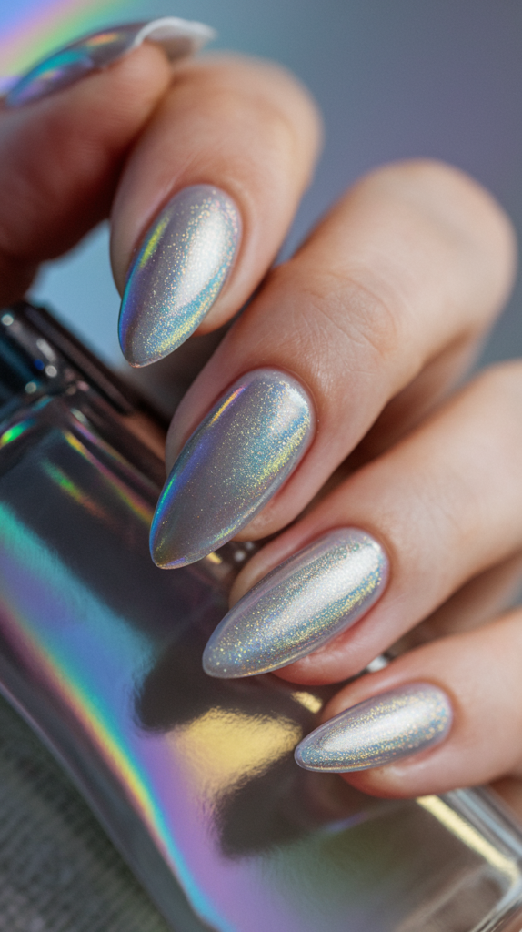 Reflective silver nails with a holographic finish that shifts colors under light.