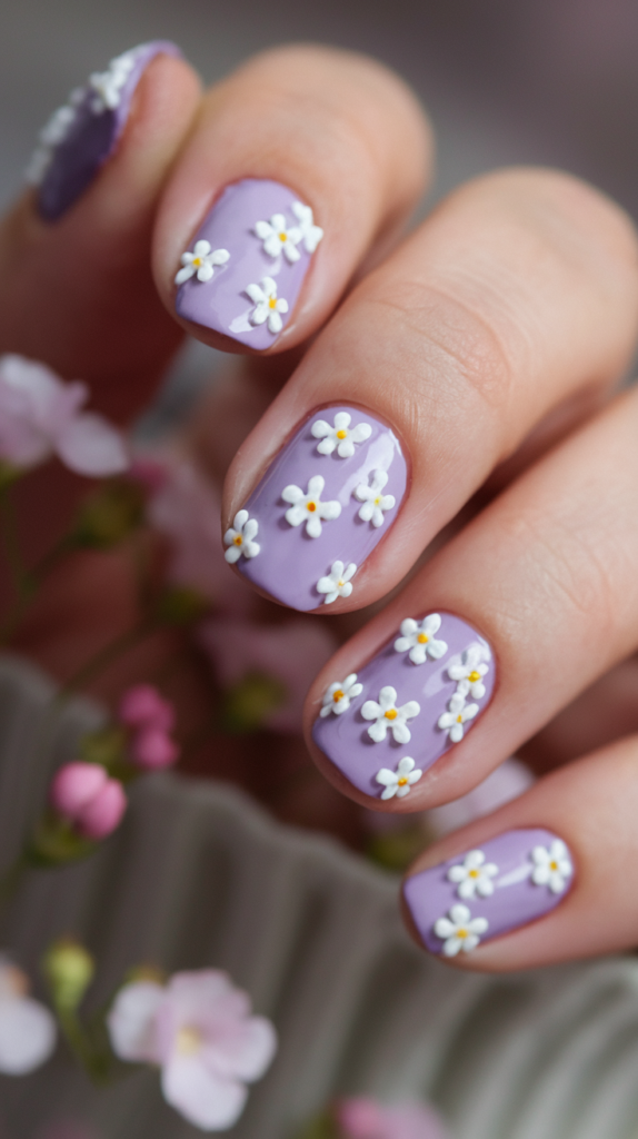 Soft violet nails with small white floral designs, offering a romantic, feminine touch.