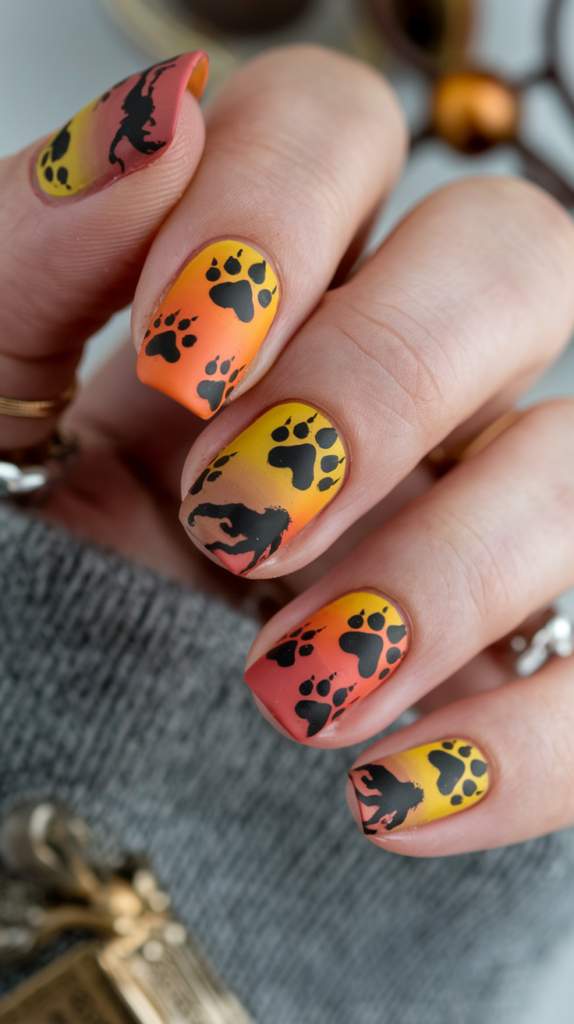 Nails with warm sunset gradients in orange and yellow, featuring lion silhouettes and paw prints for a safari-inspired design.