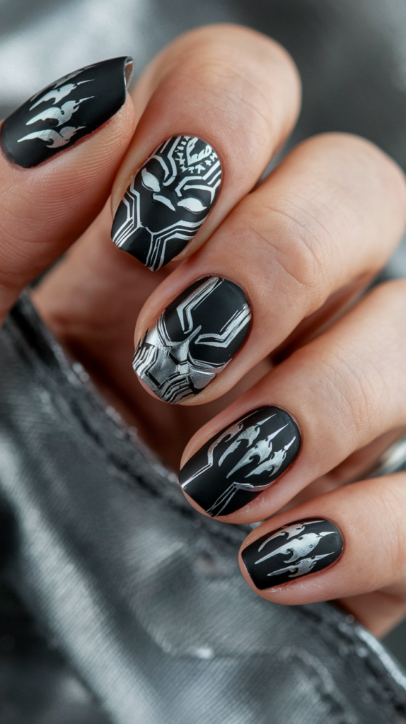 Nails with matte black bases, featuring Wakanda crest designs, silver claw marks, and metallic gold tribal patterns.