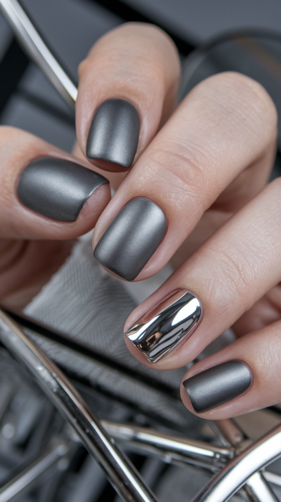 Nails with a matte silver base and glossy metallic accents in abstract shapes.
