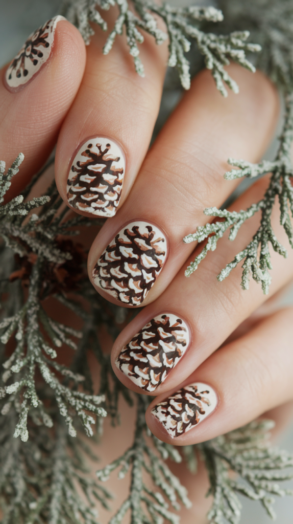 Earthy-toned nails with hand-painted pine cones and green pine branches for a rustic holiday look.
