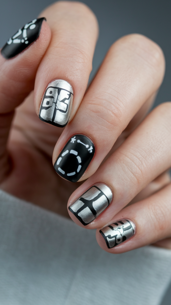 Nail art depicting symbols from modern gaming controllers, like the PlayStation and Xbox buttons, with glossy and metallic accents