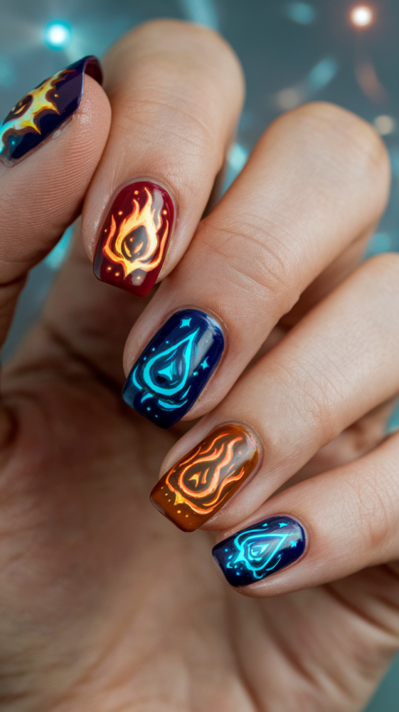 Fantasy-themed nails with glowing mana circles, jewel-toned colors, and intricate RPG symbols and runes