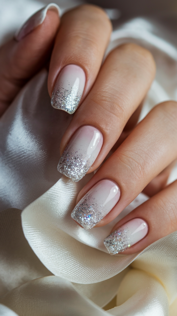 Nails transitioning from pure white at the base to shimmering silver at the tips for a dreamy effect.
