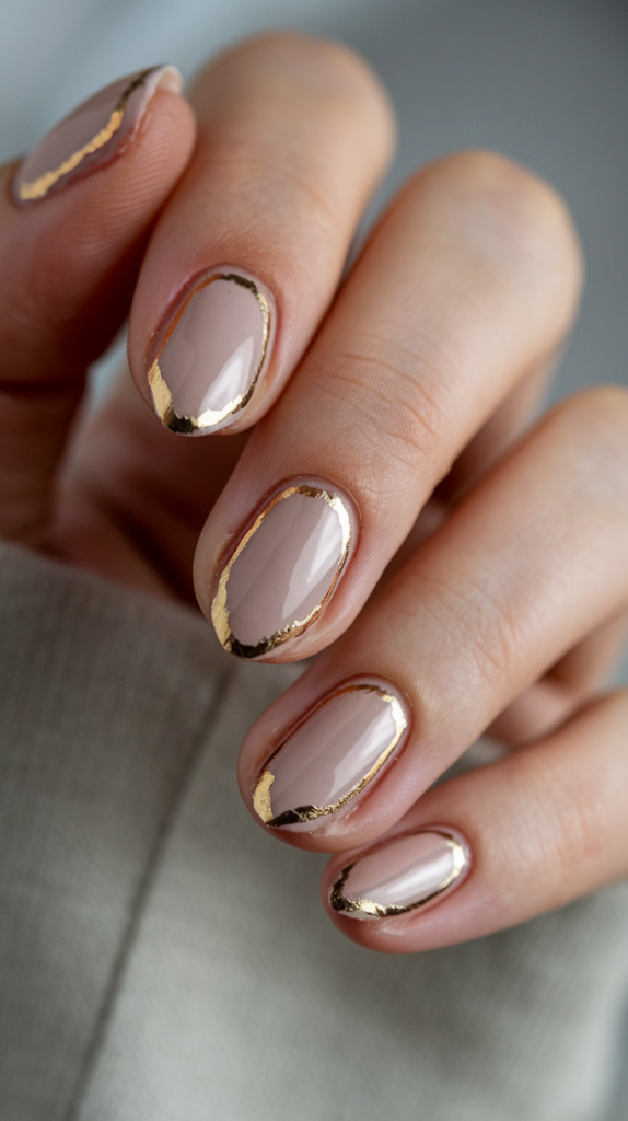 Nude nails with delicate gold foil frames along the edges, adding a refined and luxurious touch.

