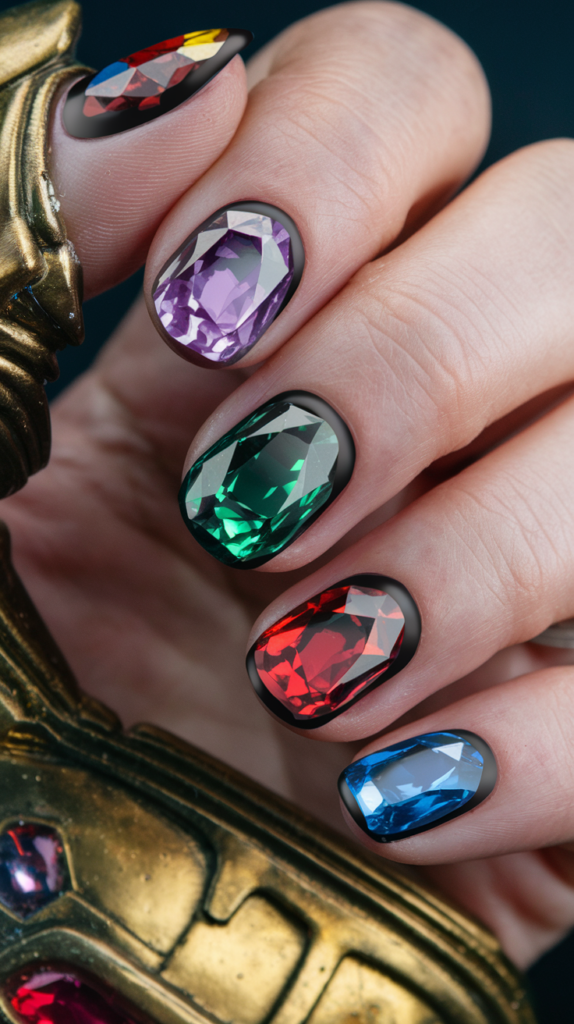 Nails representing Infinity Stones with vibrant glitter effects, a golden gauntlet design, and radiant, glowing finishes.