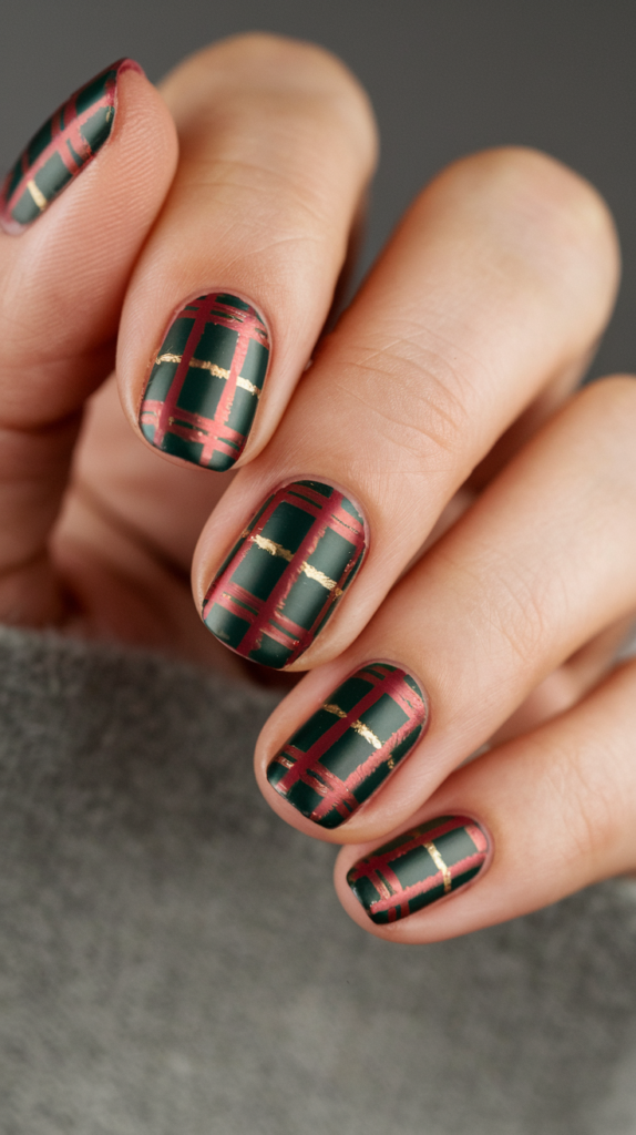 Dark green and red plaid patterns with delicate gold accent lines for a cozy, holiday-inspired manicure.
