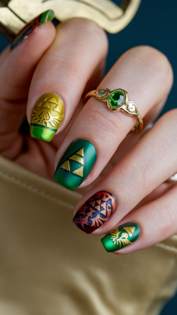 The Legend of Zelda-themed nails with golden Triforce symbols, Link’s Master Sword, and earthy greens and gold accents