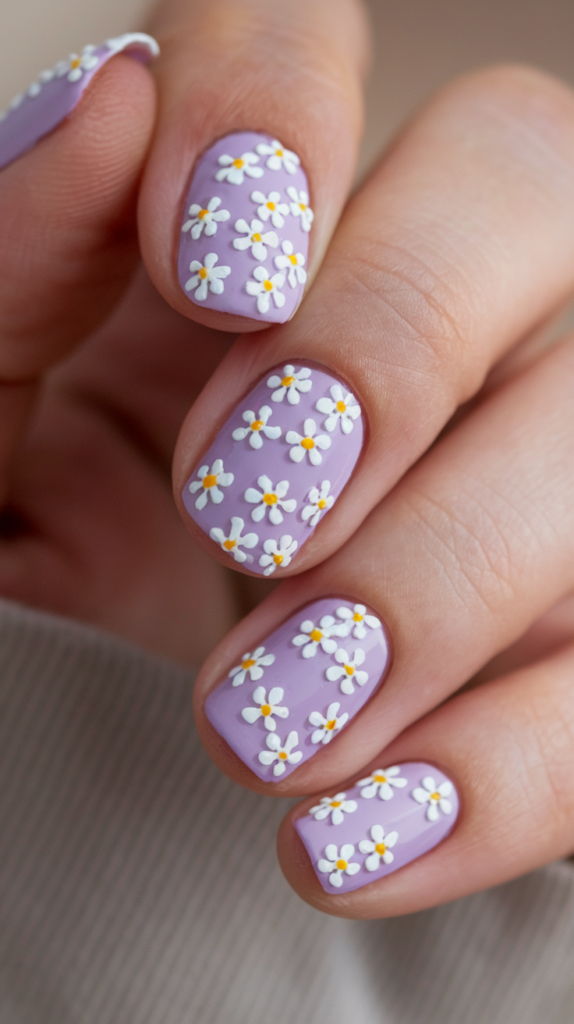 Soft violet nails adorned with tiny white and lilac flower patterns, creating a charming spring-inspired look.

