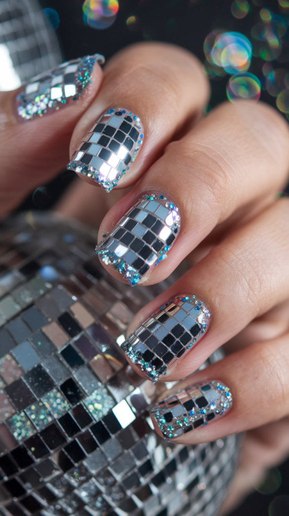 Glittery silver nails reflecting light like a disco ball, creating a sparkling and glamorous retro effect.

