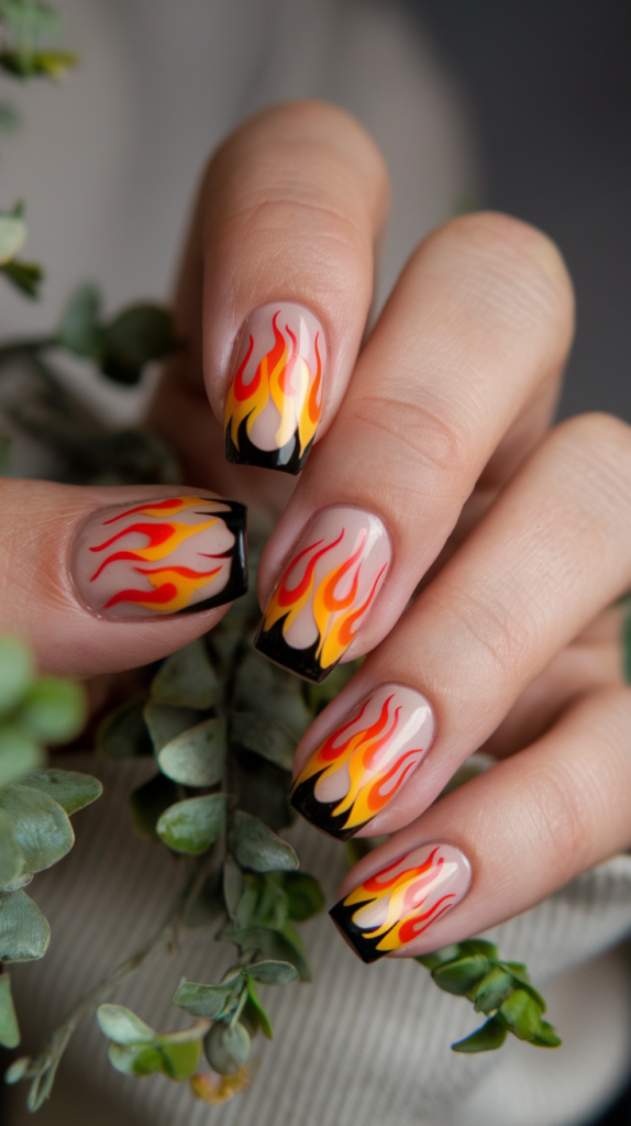 Bright orange flames on a nude or black base for a bold, edgy look.
