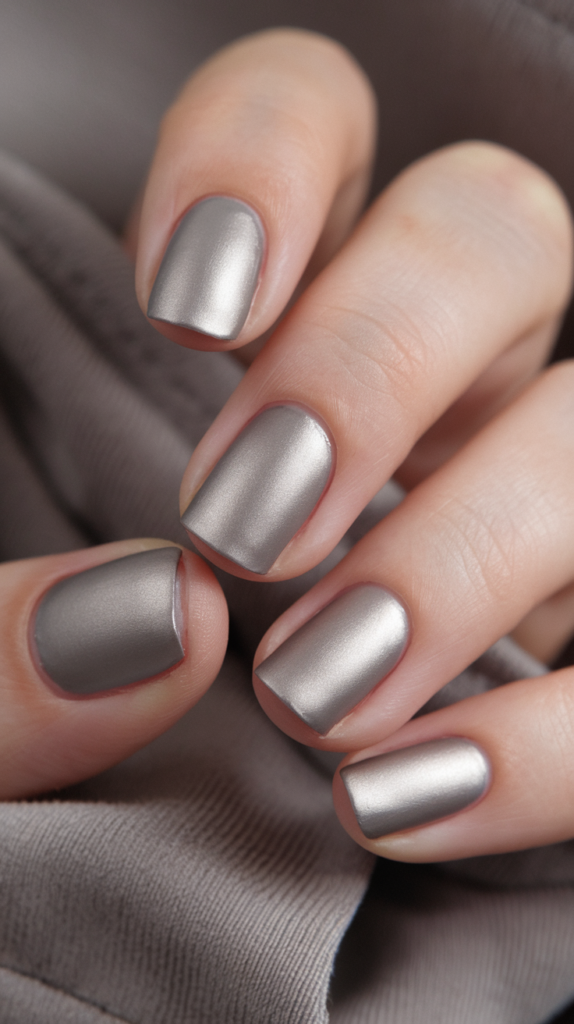 Smooth matte silver nails with a soft, velvety texture for a sophisticated look.