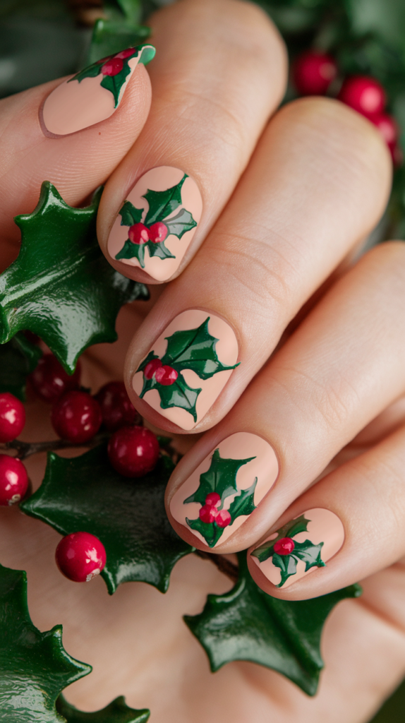 Nude nails adorned with green holly leaves and glossy red berries for a festive holiday touch.
