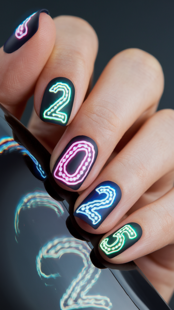 Bold black nails featuring the year '2025' painted in bright neon colors, creating a modern and illuminated effect ideal for a vibrant New Year’s celebration