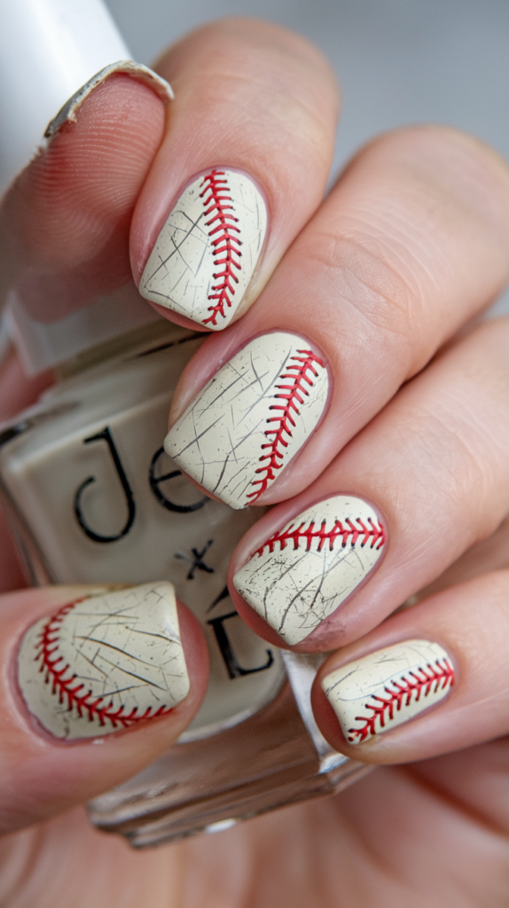 Matte white nails with red stitching and a cracked, weathered effect, mimicking a vintage baseball