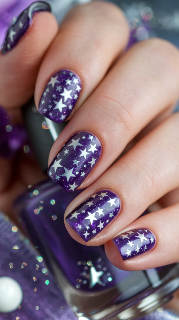 Deep violet nails decorated with small white and silver stars, resembling a night sky full of stars.

