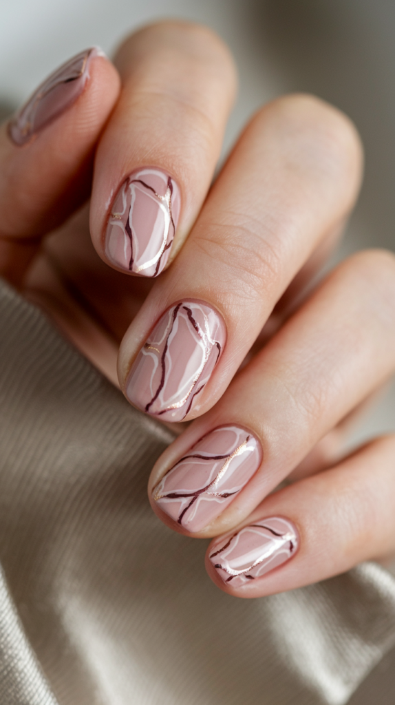 Nails with soft pastel shades and thin, ribbon-like lines, evoking a delicate, silk-inspired look.

