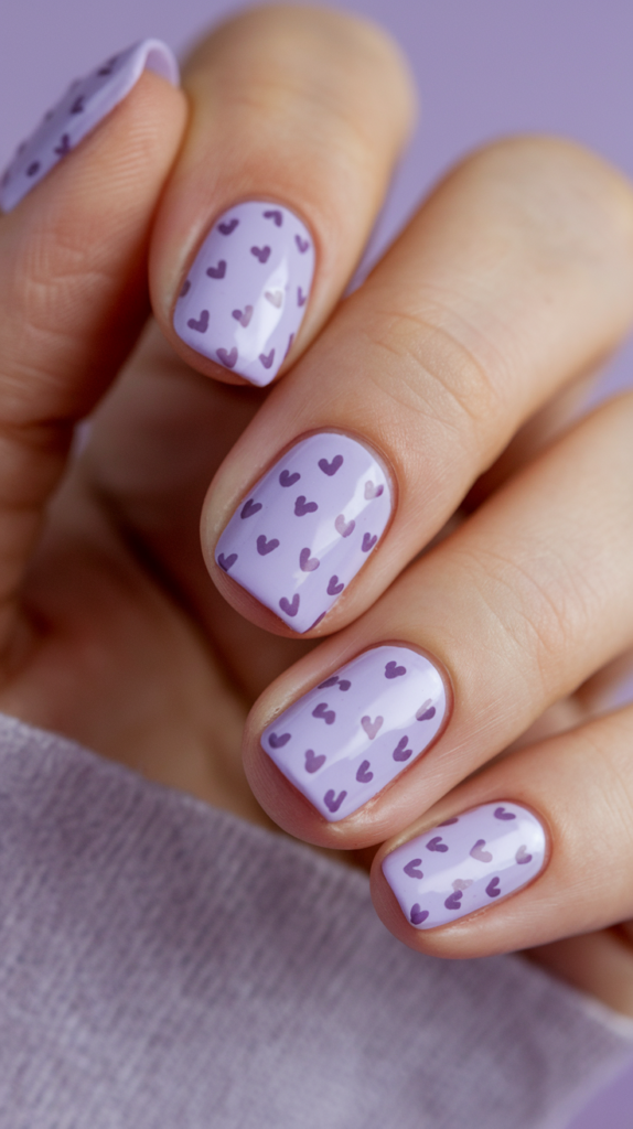 violet nails decorated with tiny heart shapes in varying shades of purple for a cute, playful touch.

