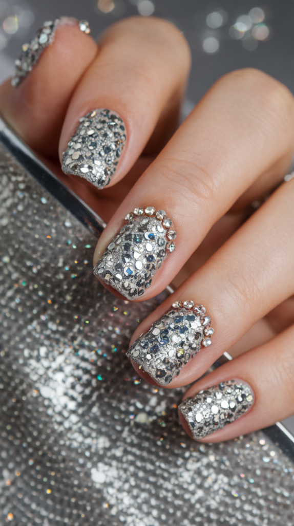 Sparkling silver glitter nails embellished with small gemstones for a luxurious finish.
