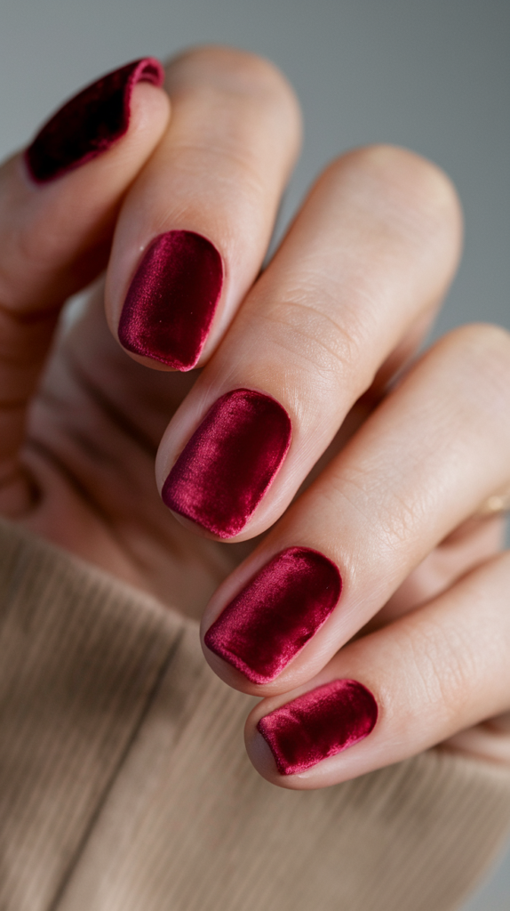 Matte burgundy nails with a velvet finish, exuding a rich, sophisticated vibe.

