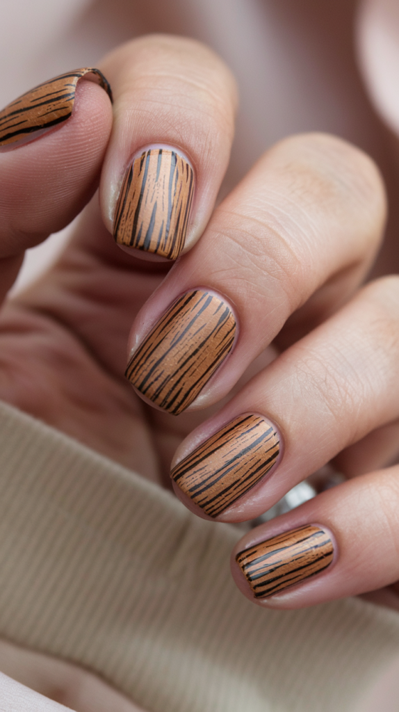 Brown nails with a woodgrain texture resembling classic wooden baseball bats