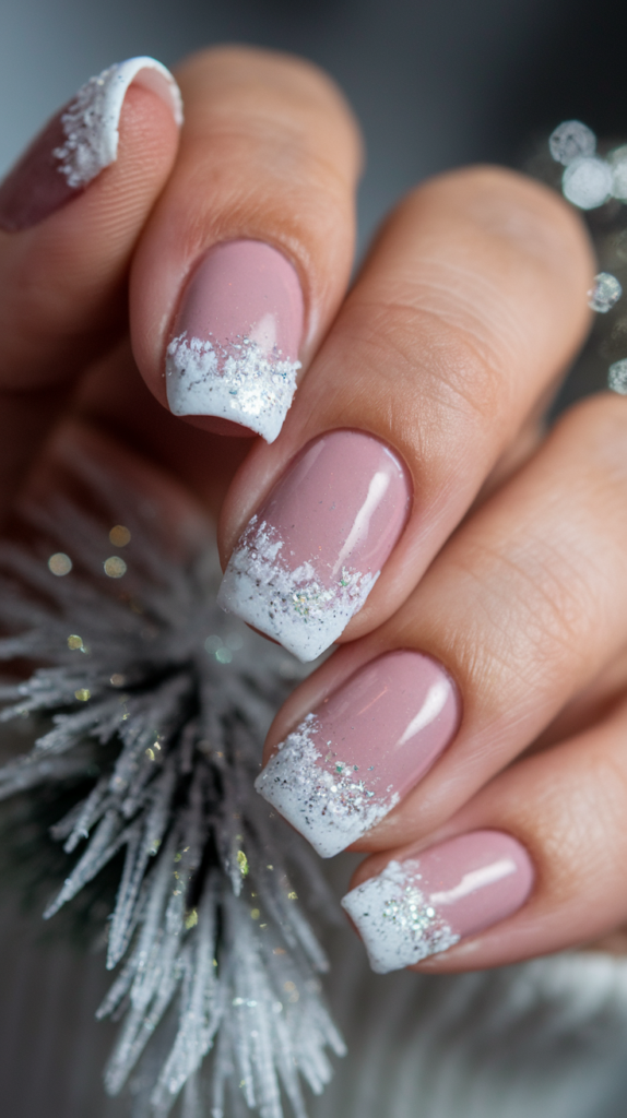 French manicure with textured, snow-dusted white tips for a frosty, wintry finish.
