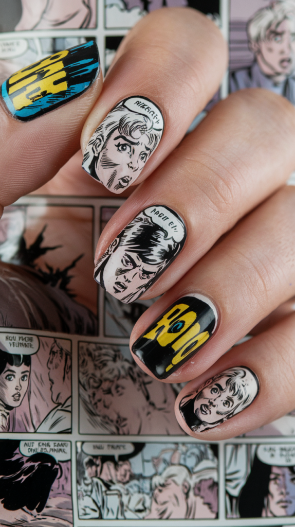 Unique nail art showcasing a comic book storyline with each nail representing a colorful panel, including action scenes and dramatic expressions