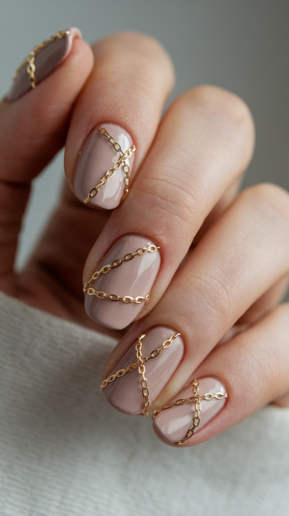 colored nails with small, fine gold chain accents, adding a modern yet royal flair.

