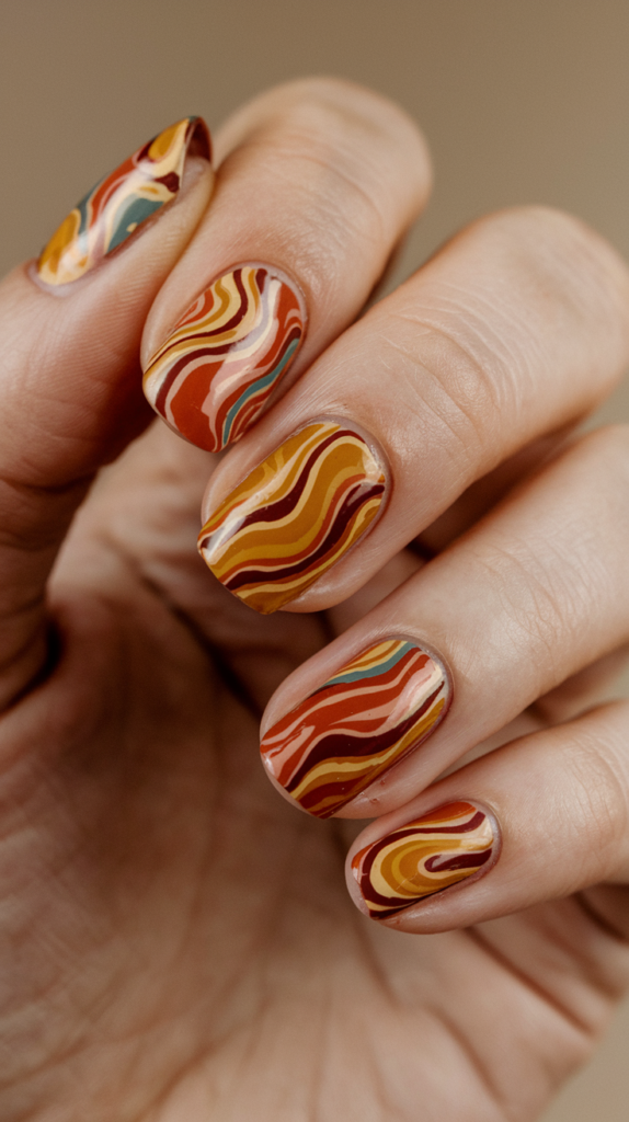 Close-up of nails with 70s-inspired swirling patterns in orange, yellow, and brown, creating a retro wallpaper effect.