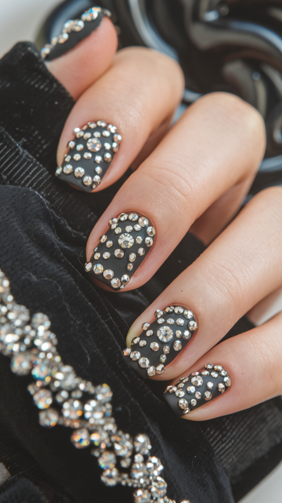 Nails adorned with metallic silver studs and sparkling gems for a glamorous 3D effect.