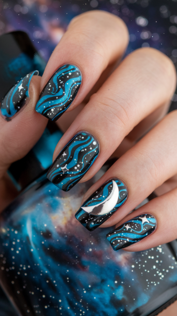 Deep navy nails featuring silver glitter, stars, and celestial patterns to mimic a galaxy.