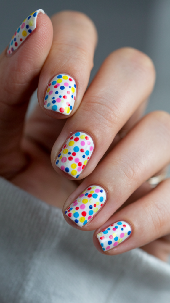 White nails decorated with tiny, colorful confetti dots in blue, pink, and gold, topped with a high-gloss finish, evoking a playful New Year’s party feel