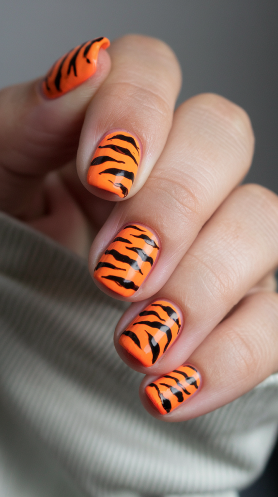 Fierce orange nails with bold black tiger stripe patterns for an edgy animal print style.
